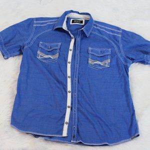 Buckle Black Standard Fit XL Blue Shortsleeve Button Up Shirt w/ White Stitching